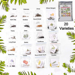 Close-up of vegetable and flower seeds mix from the 20 varieties combo for home gardening.