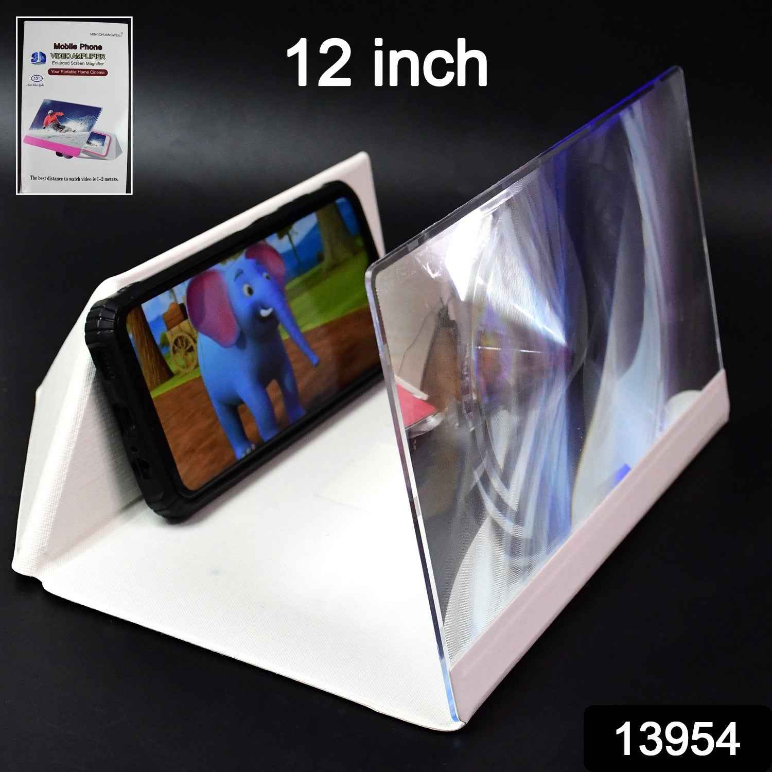 Side view of the portable screen amplifier, showing its foldable design.