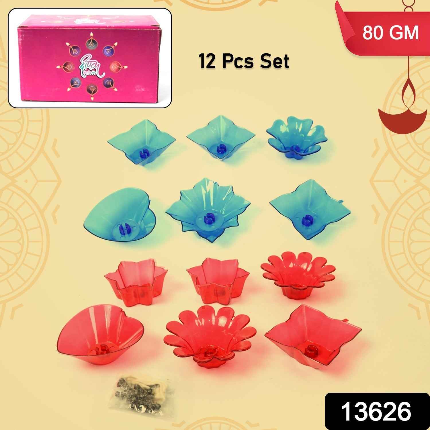 Diwali Diya Set – Multicolor Plastic Candle Holders (12 Pcs) | Indo Glow