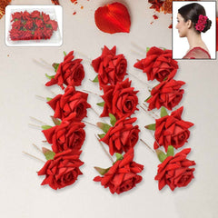 Red Rose Hair Clip – 12 Pc Bridal Flower Pins for Women | Calm & Curl