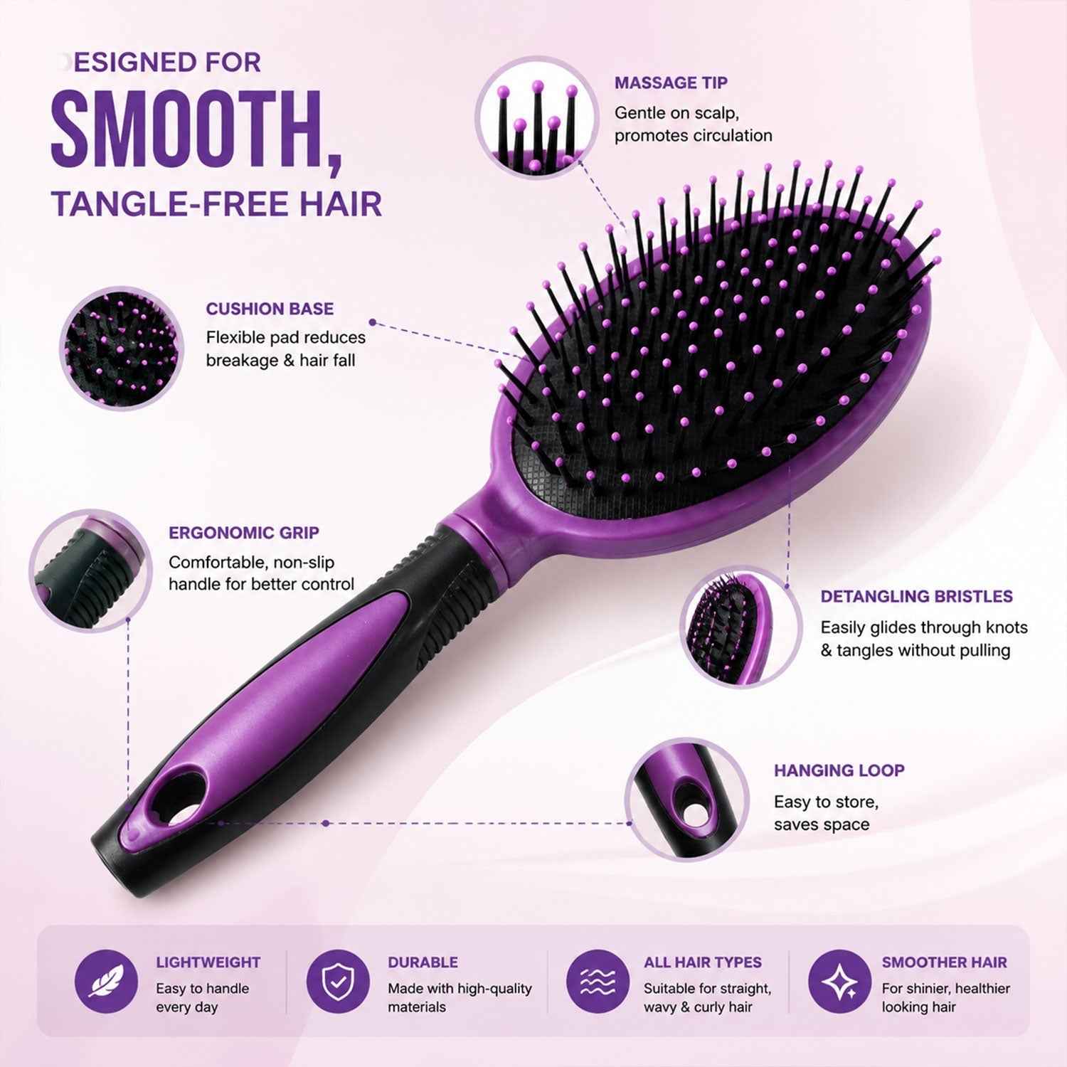Cushioned Paddle Hair Brush Ð Detangling & Frizz Control for All Hair
