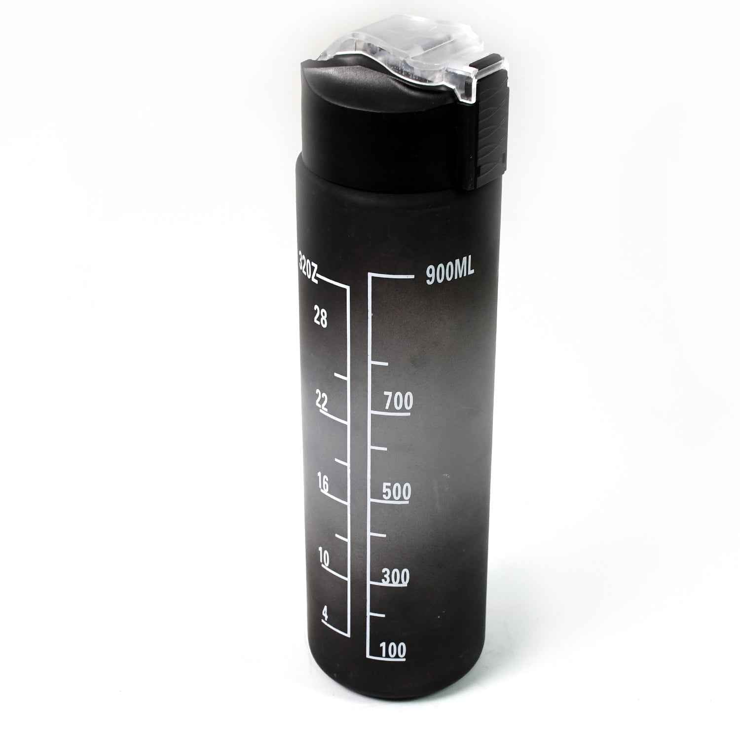 Person holding the sleek black motivational water bottle during a workout session.