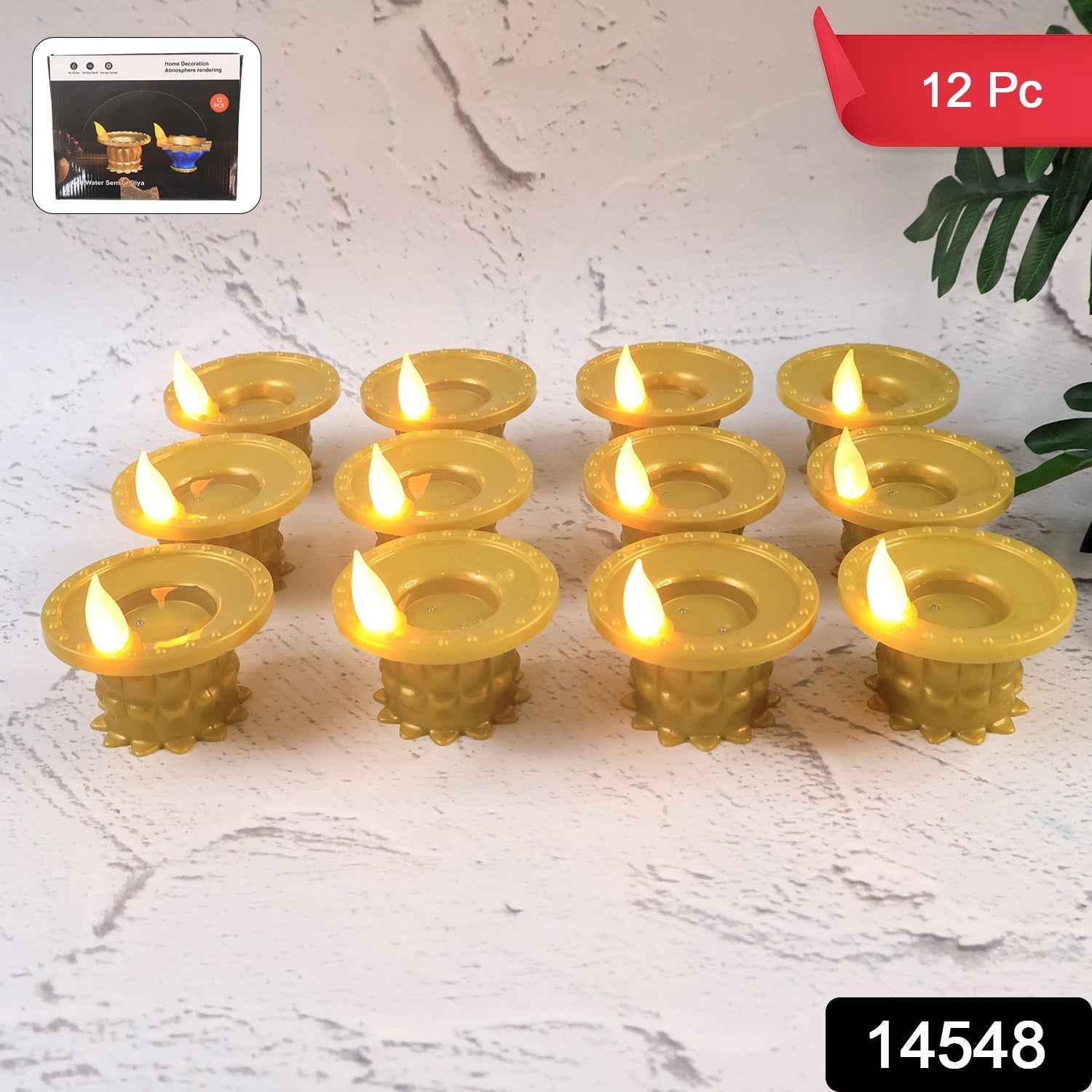 Water Sensor LED Diyas – Set of 12 Flameless Golden Lights