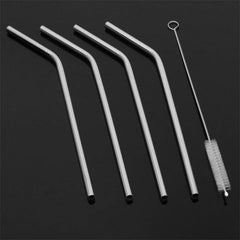 Set of four bent Stainless Steel Straws with a cleaning brush on a clean surface.