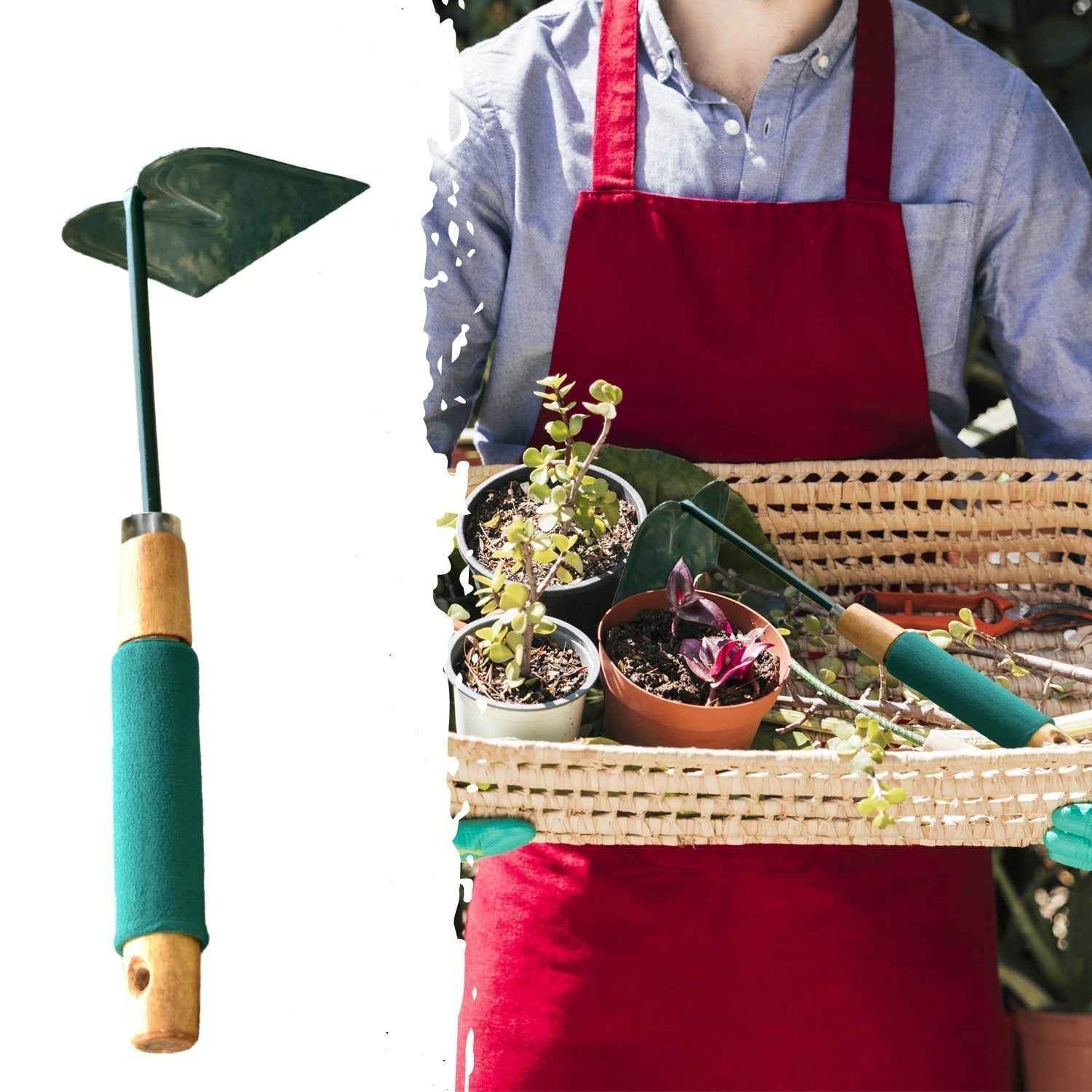 The complete gardening hoe, showcasing its balanced design for easy handling.