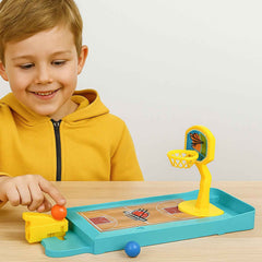 A vibrant Mini Finger Basketball Game set ready for play on a table.