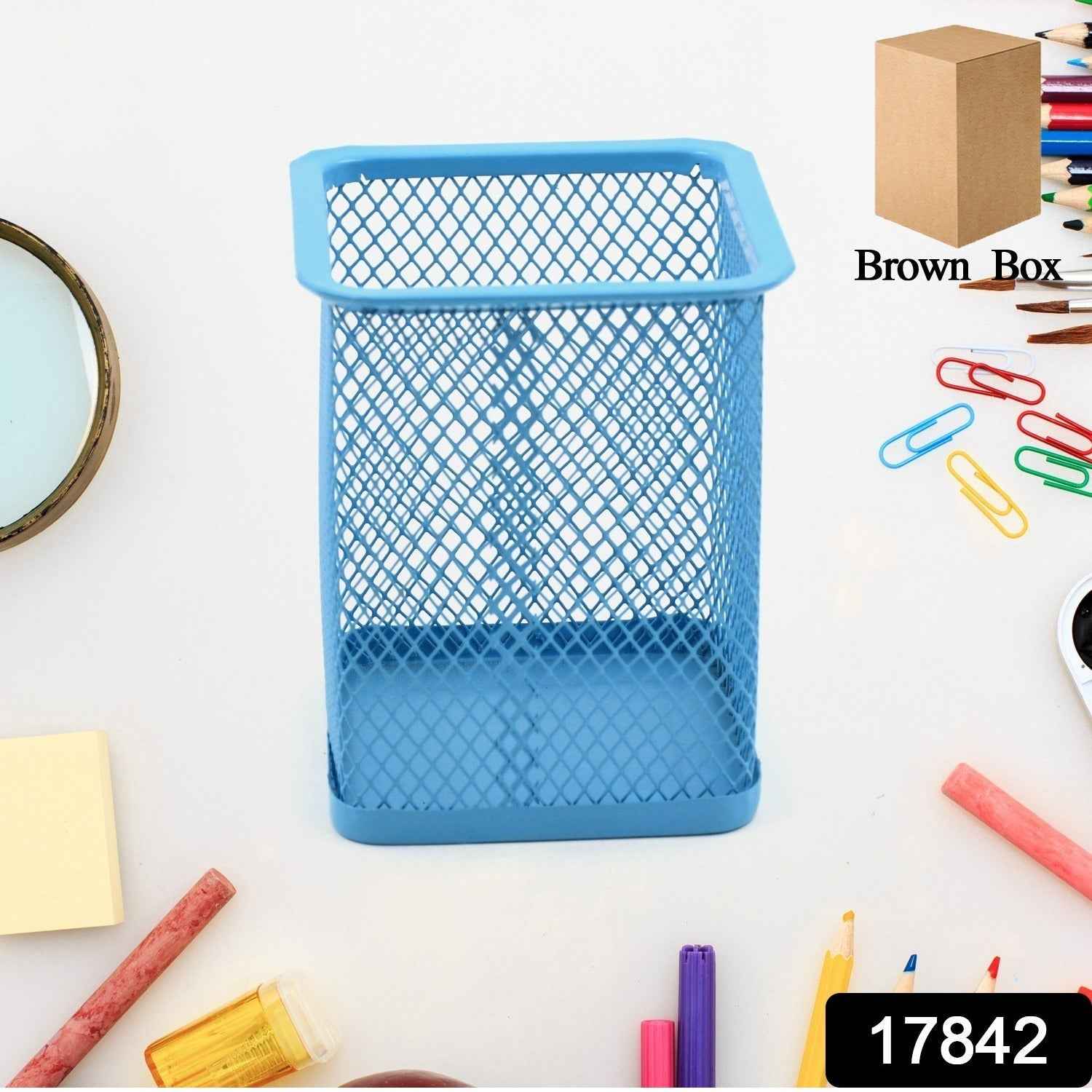 Close-up of the durable metal mesh construction of the desk organizer.