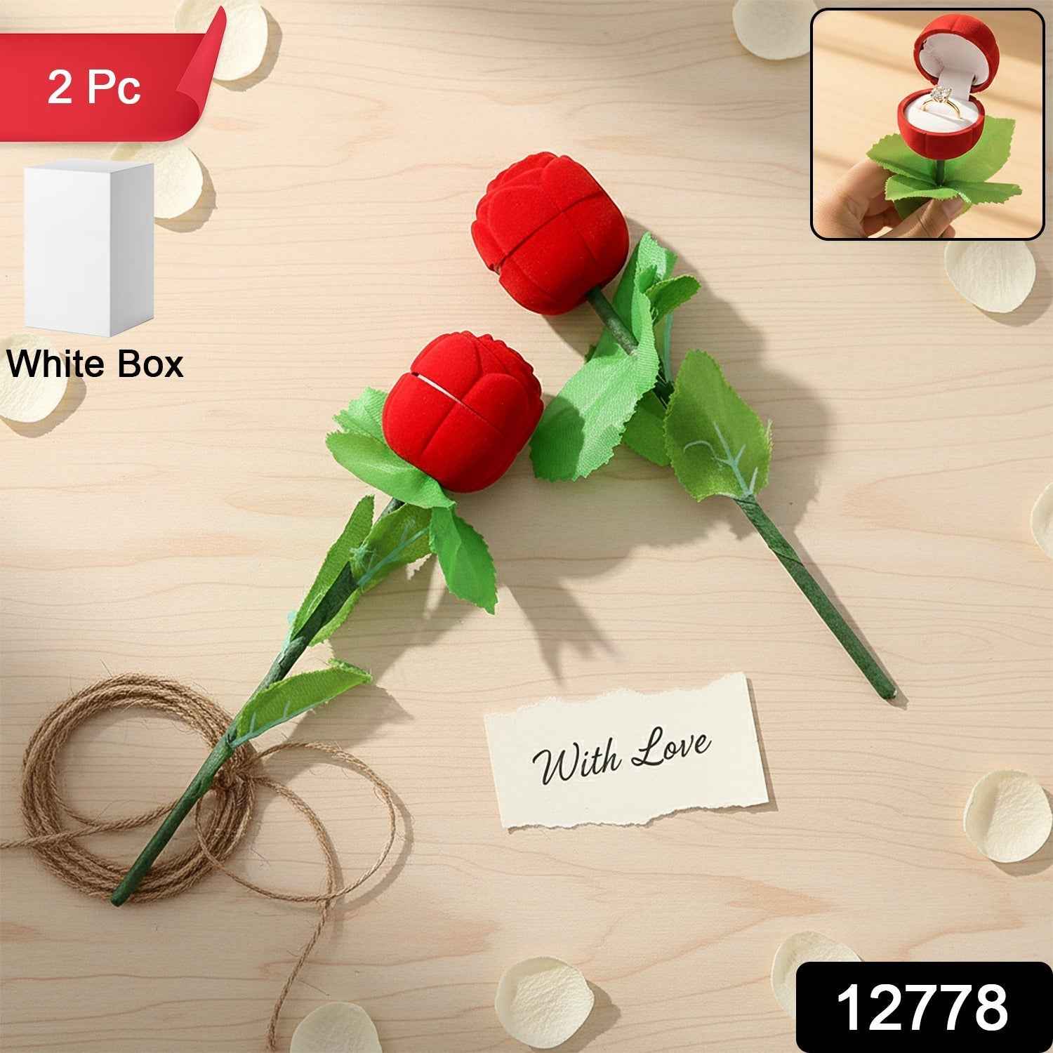 Artificial Rose Ring Box Set – 2 Piece Flower-Shaped Gift