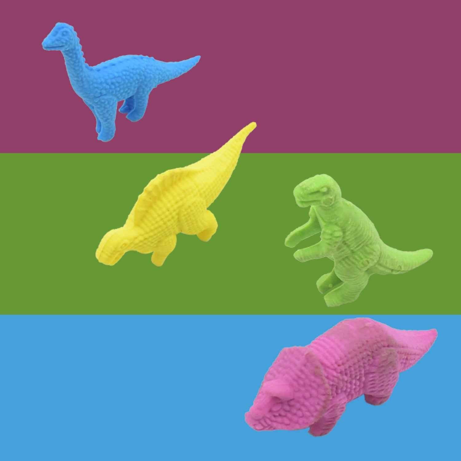 A child's hand holding a bright yellow dinosaur eraser, demonstrating its size for school use.