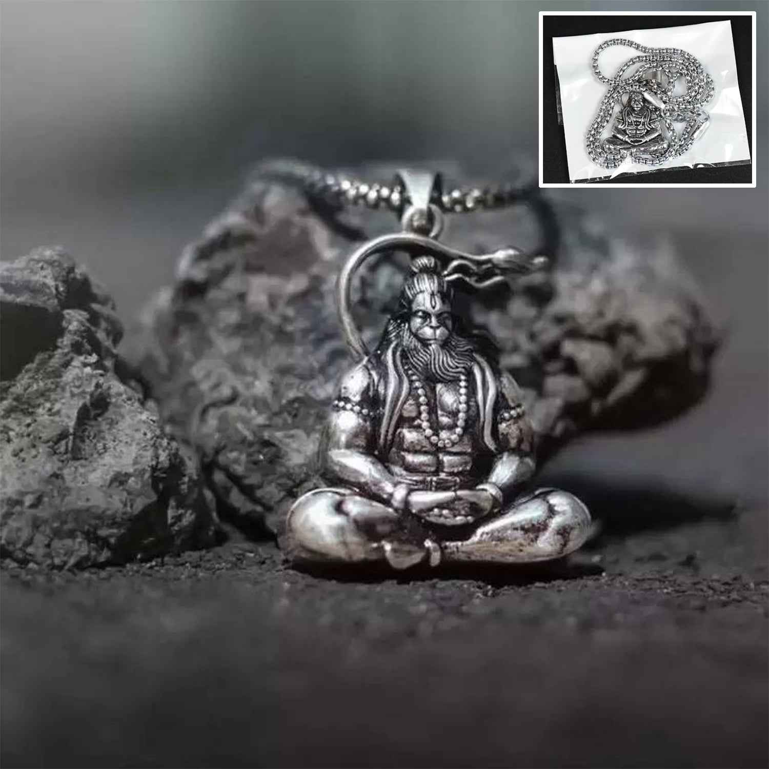 Detailed Hanuman Pendant showcasing Lord Hanuman's powerful form, crafted from metal alloy.