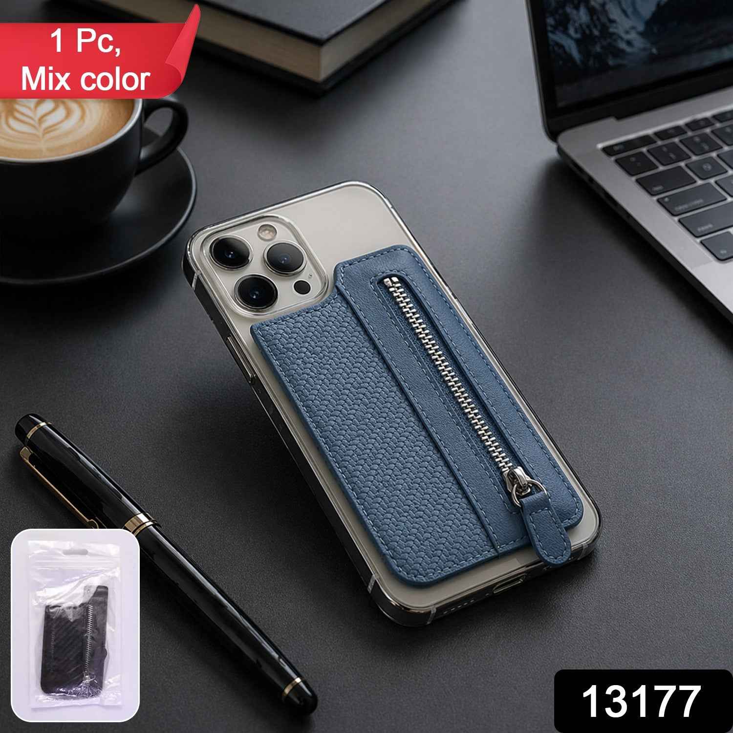 Phone wallet case featuring strong adhesive back and secure zipper compartment.
