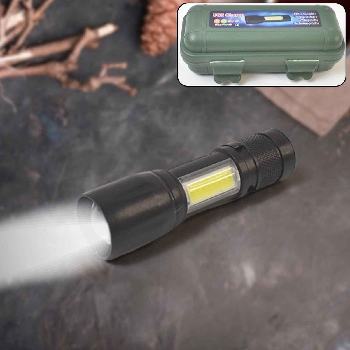 Rechargeable mini flashlight with front LED and side COB lantern.