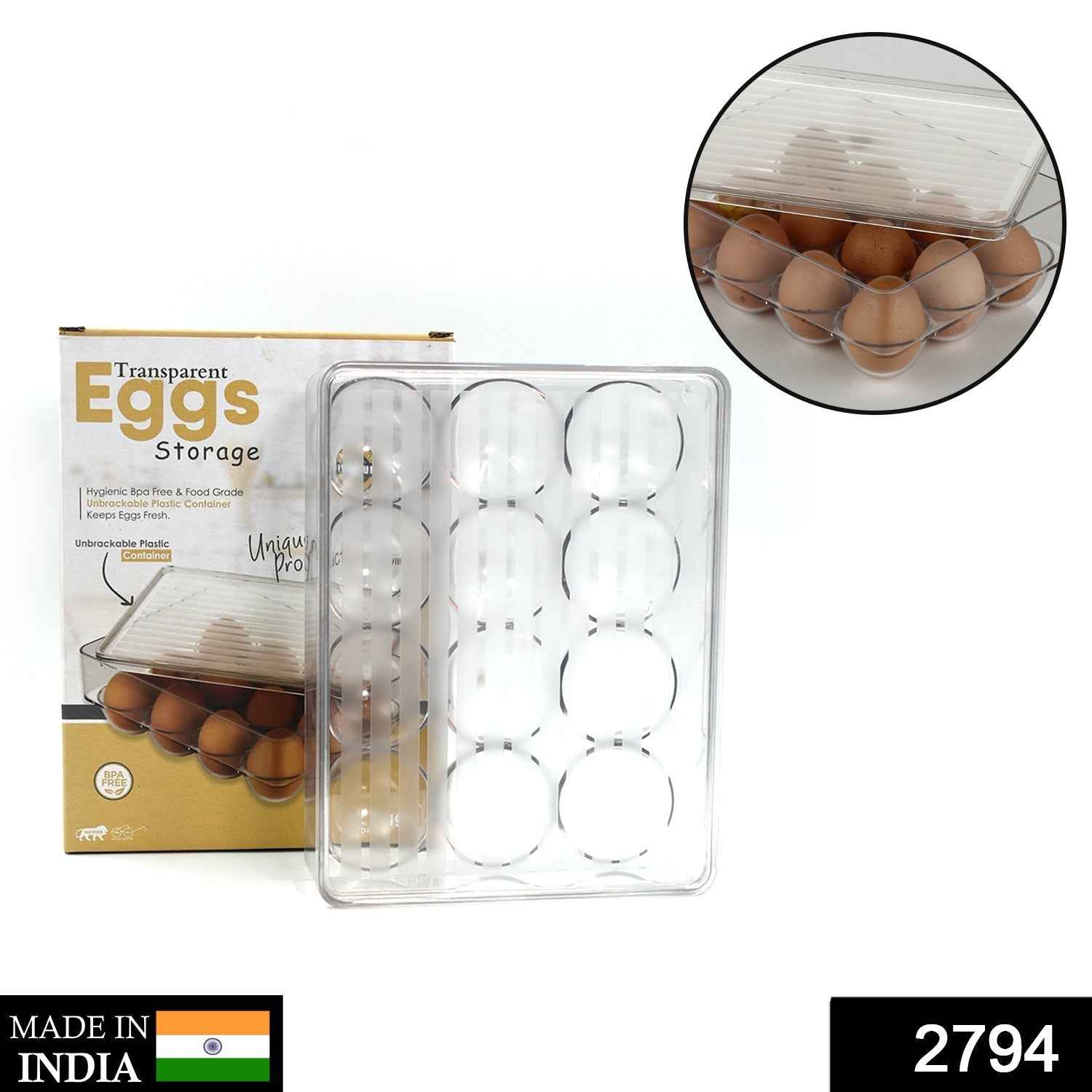 Top-down view of a transparent 12-egg holder with fresh eggs inside.