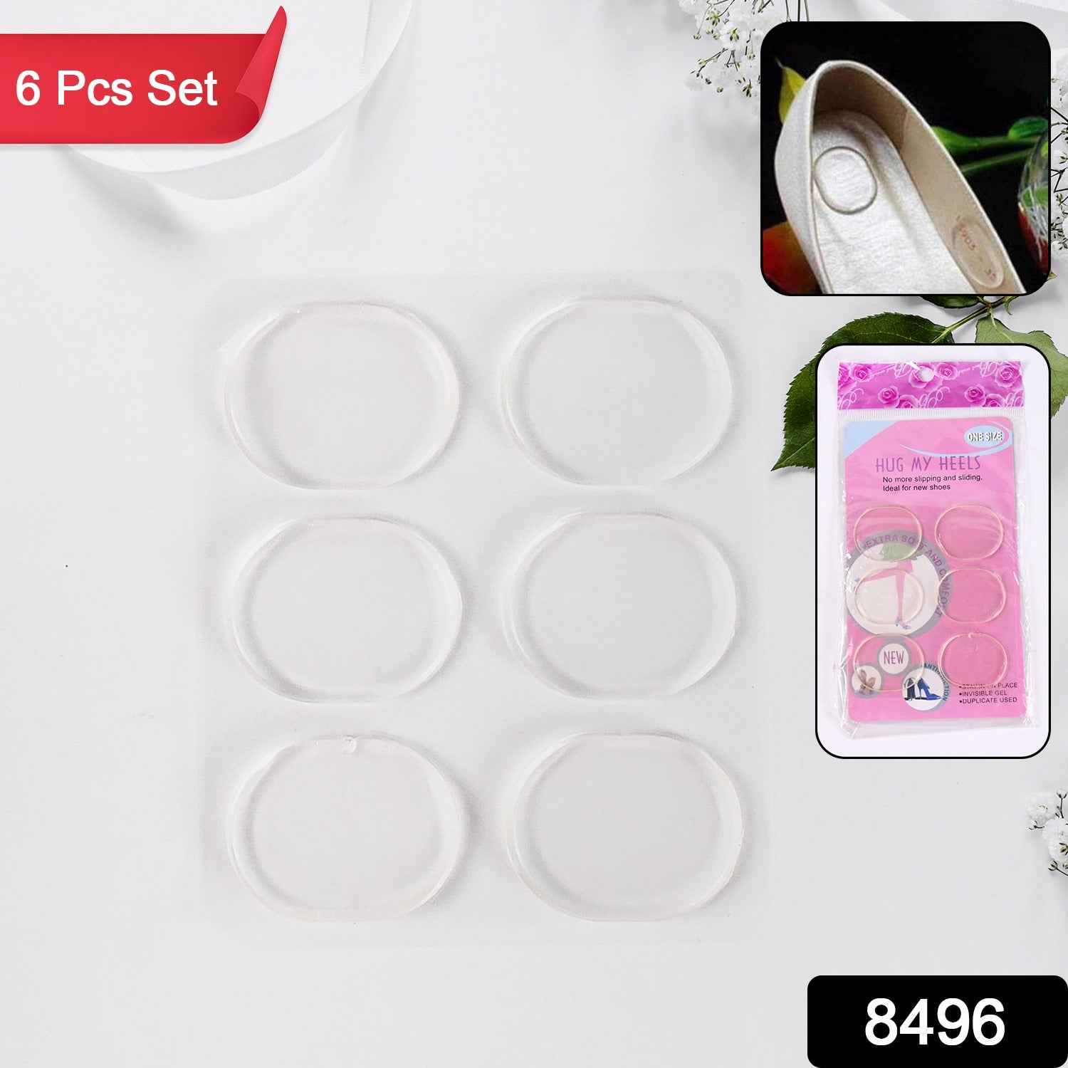 Soft silicone heel pads placed inside women's shoes for foot protection