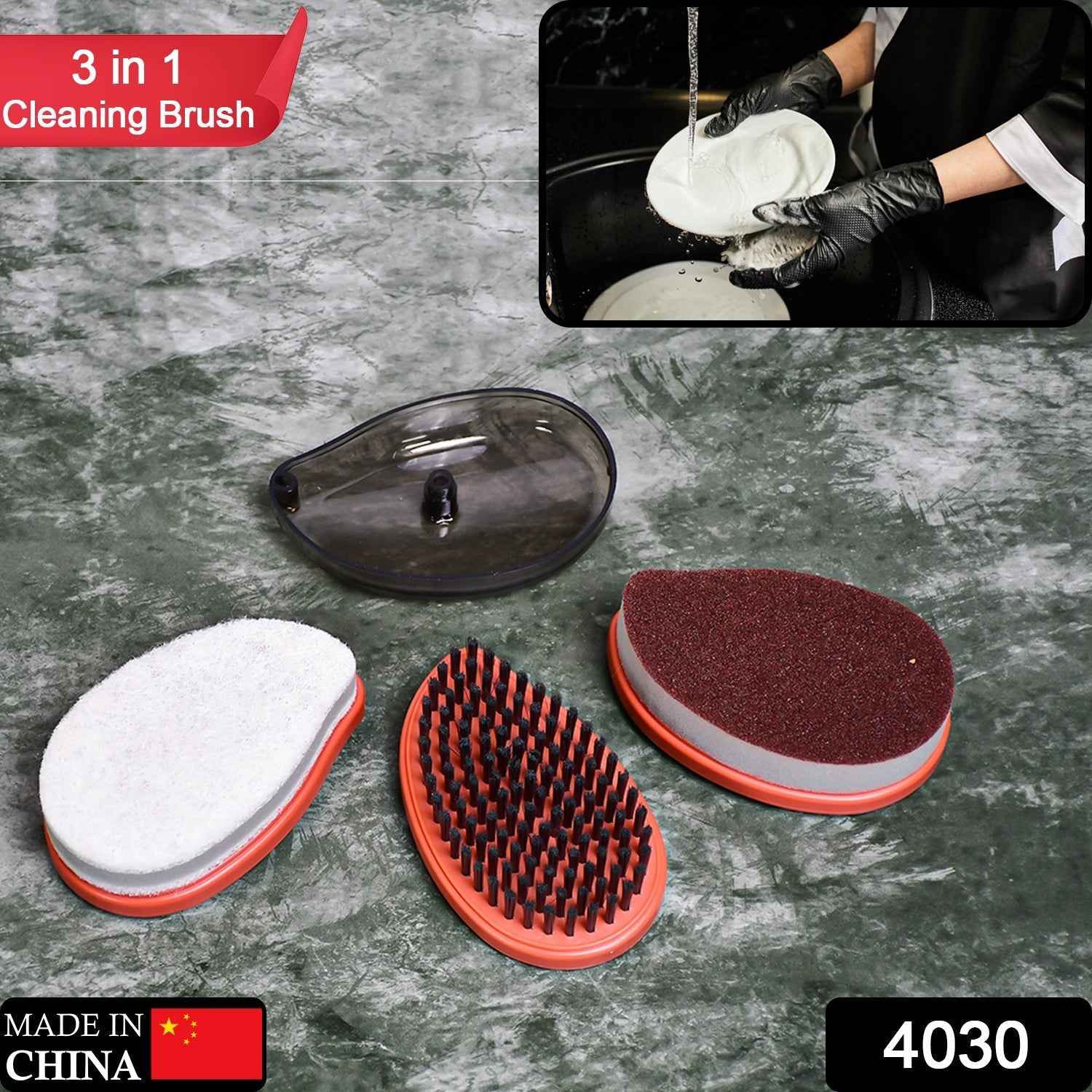 Multipurpose cleaning brush effectively scrubbing a dish with soap and water.
