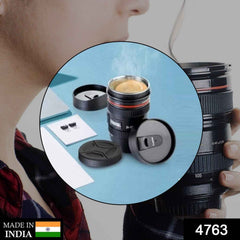 Stainless steel interior of the camera lens mug, visible with the lid removed.