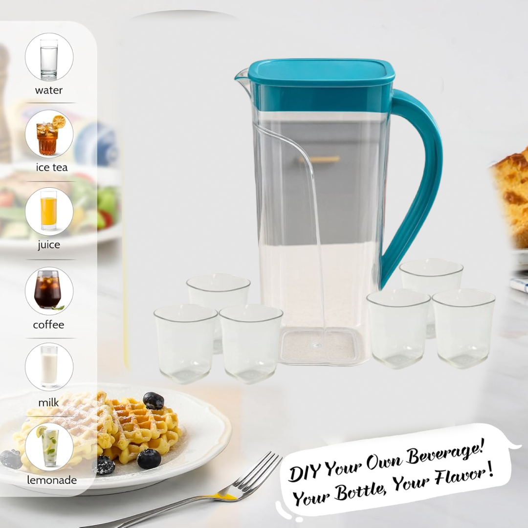Plastic Jug with 6 Glass Set – 1.5L Unbreakable & Elegant