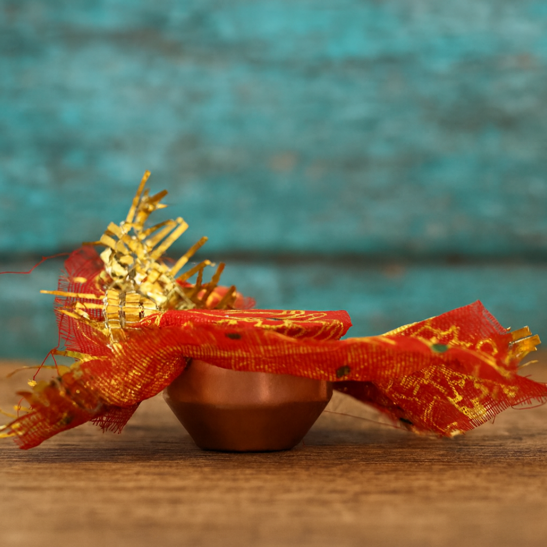 Mini Kalash Pooja Set – Decorative Copper-Style with Cloth Cover
