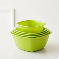 Colorful square plastic bowls, perfect for small servings or snacks.