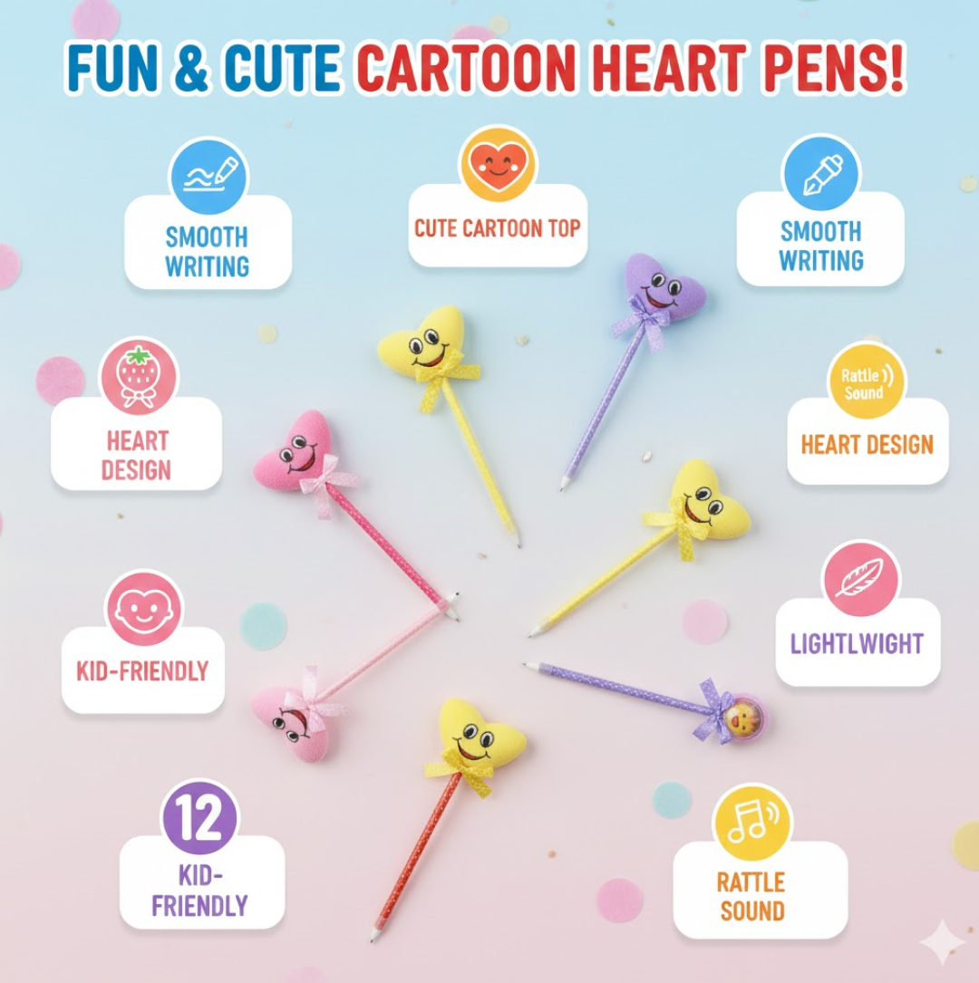 Cartoon Ballpoint Pens – 12-Pack Heart & Rattle Design | InkGlow