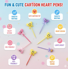 Cartoon Ballpoint Pens – 12-Pack Heart & Rattle Design | InkGlow