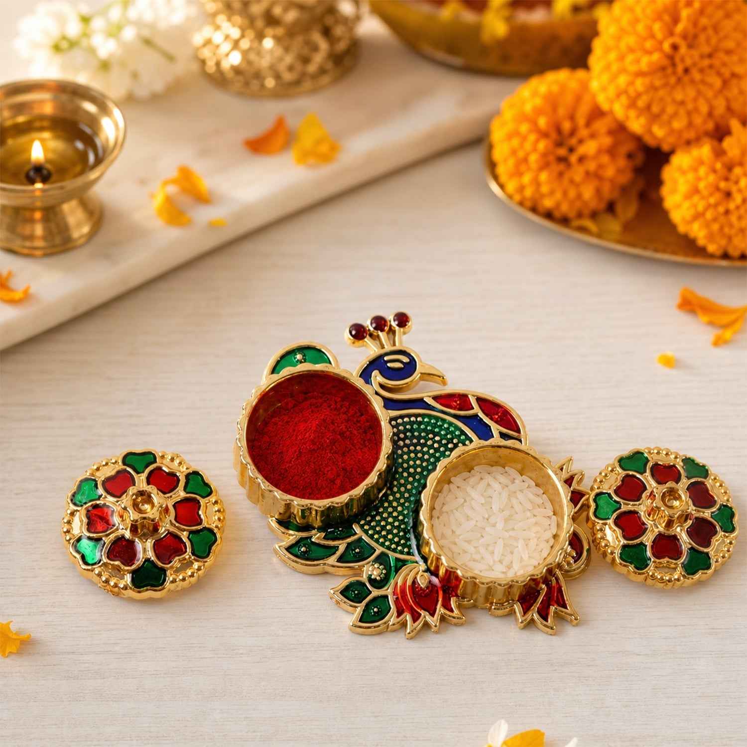 Peacock Kumkum Dani Kankavati Ð Elegant Pooja & Ritual Holder