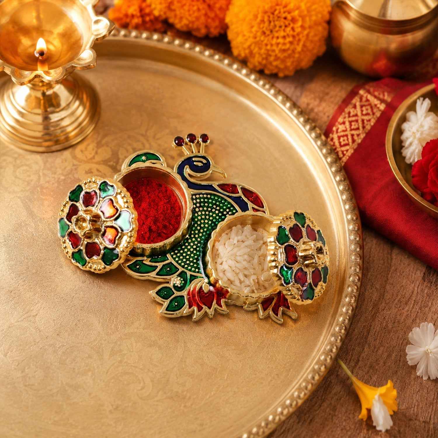 Peacock Kumkum Dani Kankavati Ð Elegant Pooja & Ritual Holder