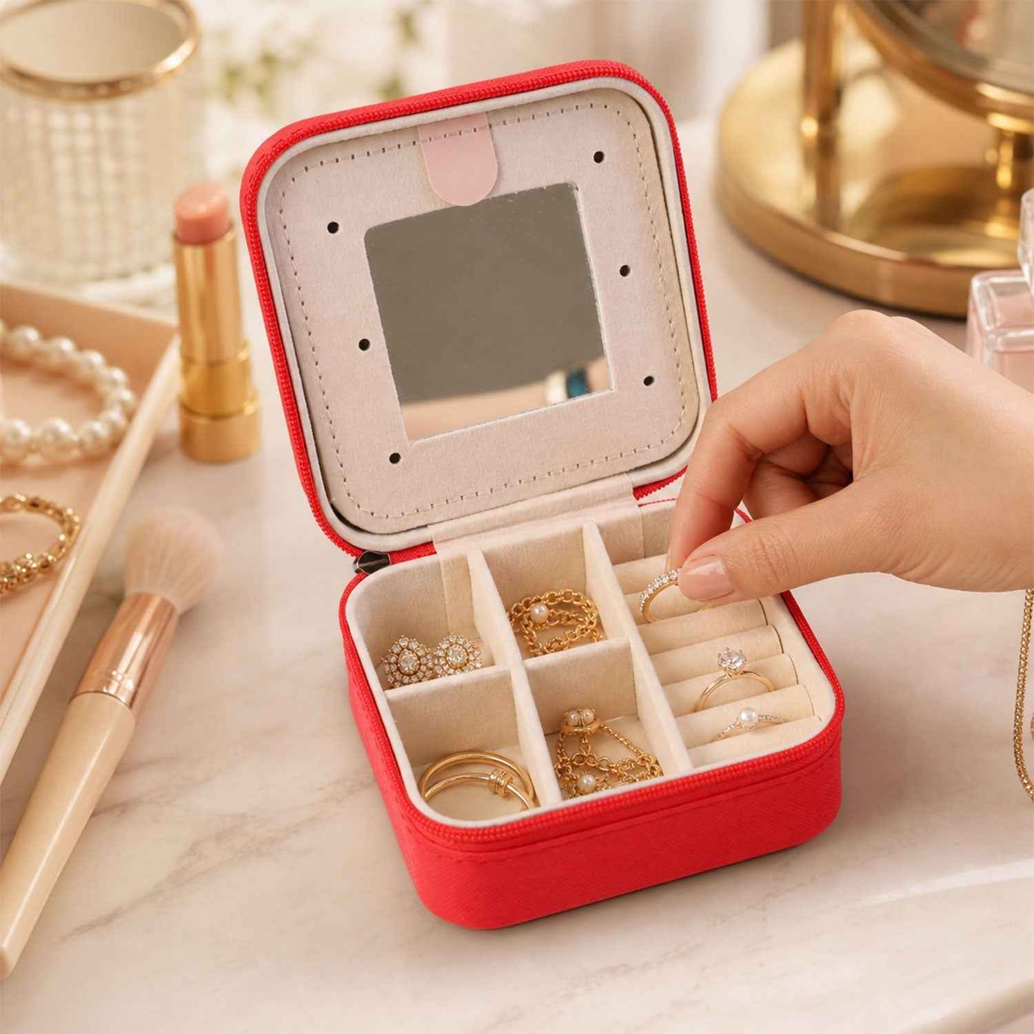 Mini Jewelry Organizer Box with Mirror Ð Portable Travel Case for Rings and Earrings