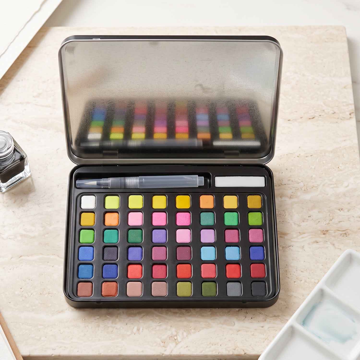Solid Watercolor Paint Palette Kit with Metal Storage Box and Water Brush (1 Set)