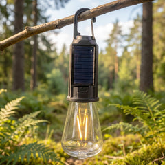Solar & Type-C rechargeable camping lamp with vintage LED bulb for outdoor use
