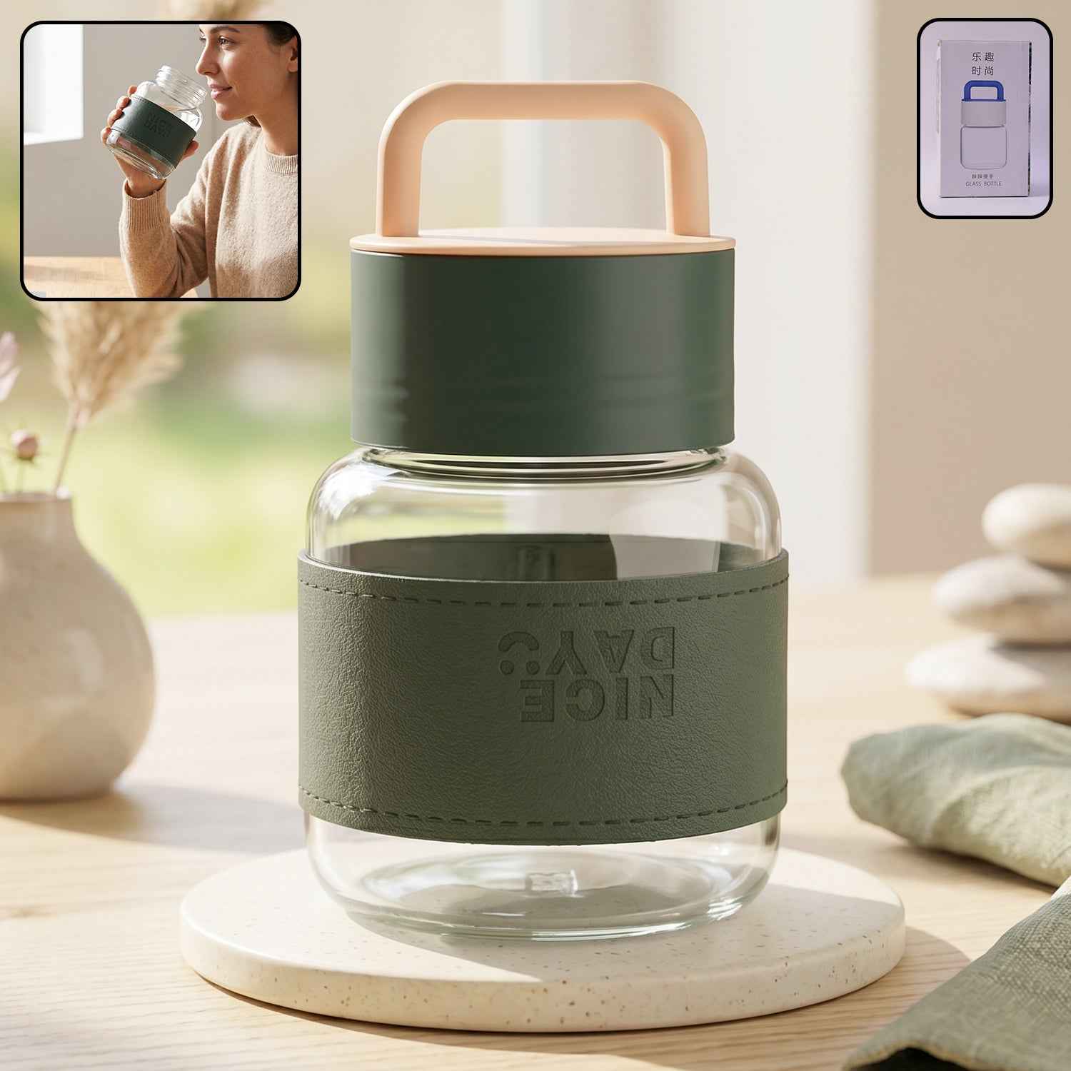 Glass Water Bottle Ð Stylish, Portable with Handle & Leather Sleeve