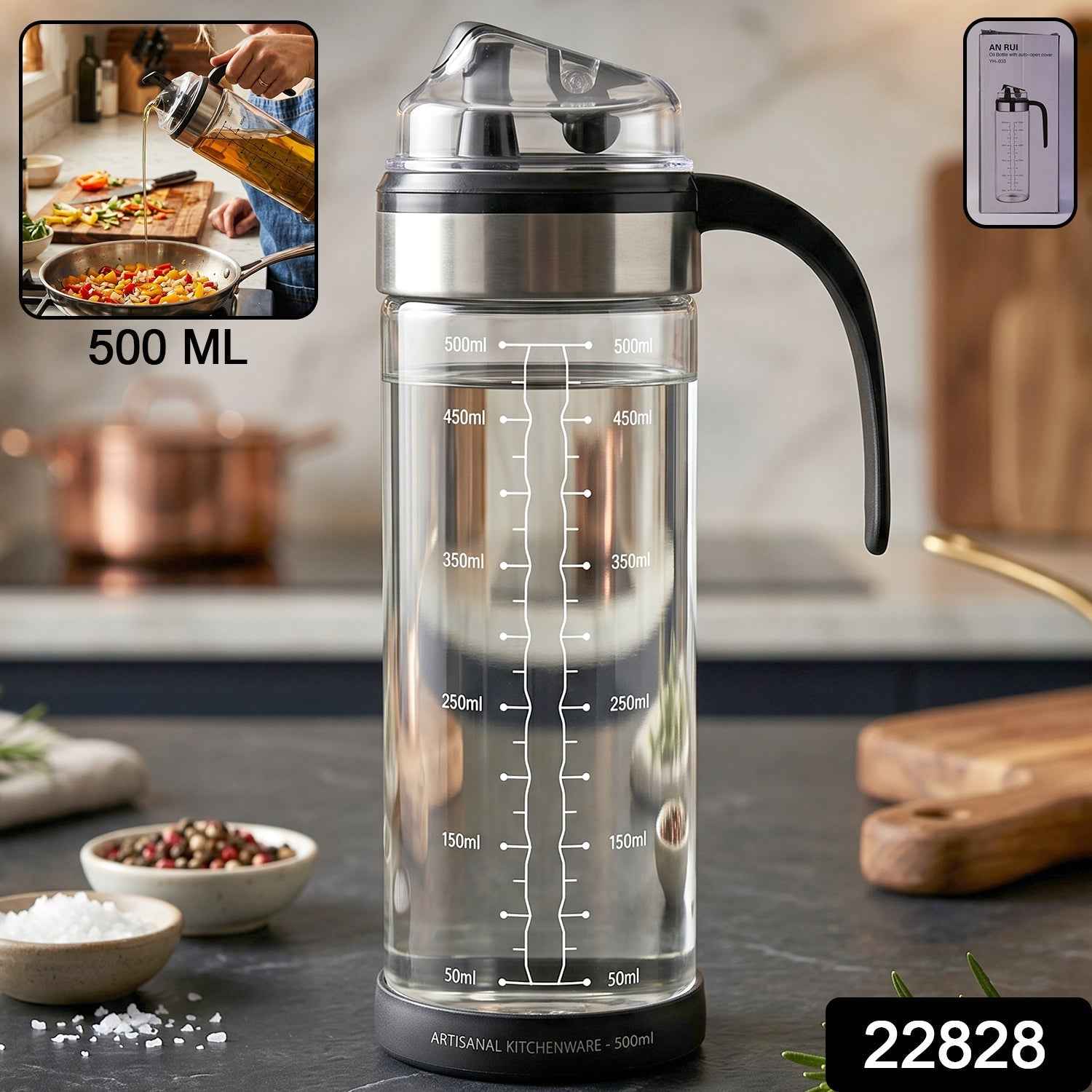 Glass Oil Dispenser Bottle Ð Leak-Proof, Auto Flip Lid & Handle