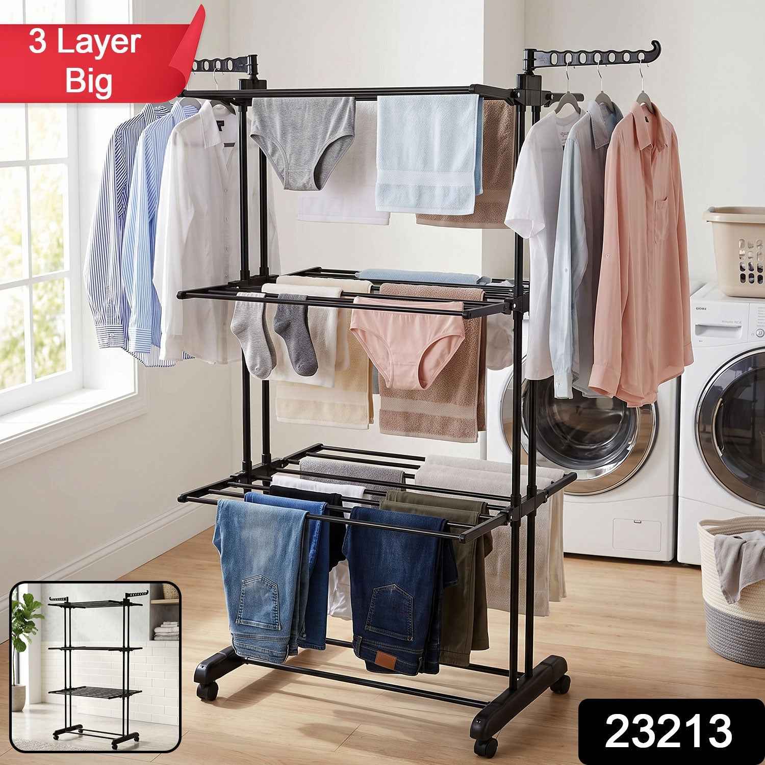 Expandable Garment Rack – 3 Layer Cloth Drying Stand with Wheels