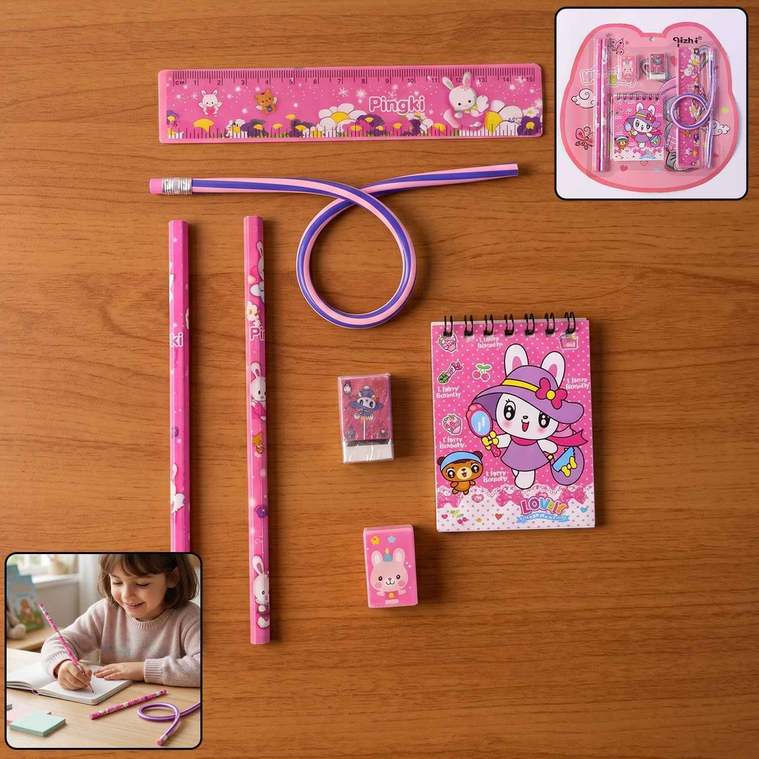 Kids Stationery Set Ð 7-in-1 Cute Pink Gift Pack for Girls