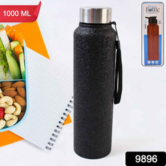 Black stainless steel water bottle showing hot and cold temperature retention