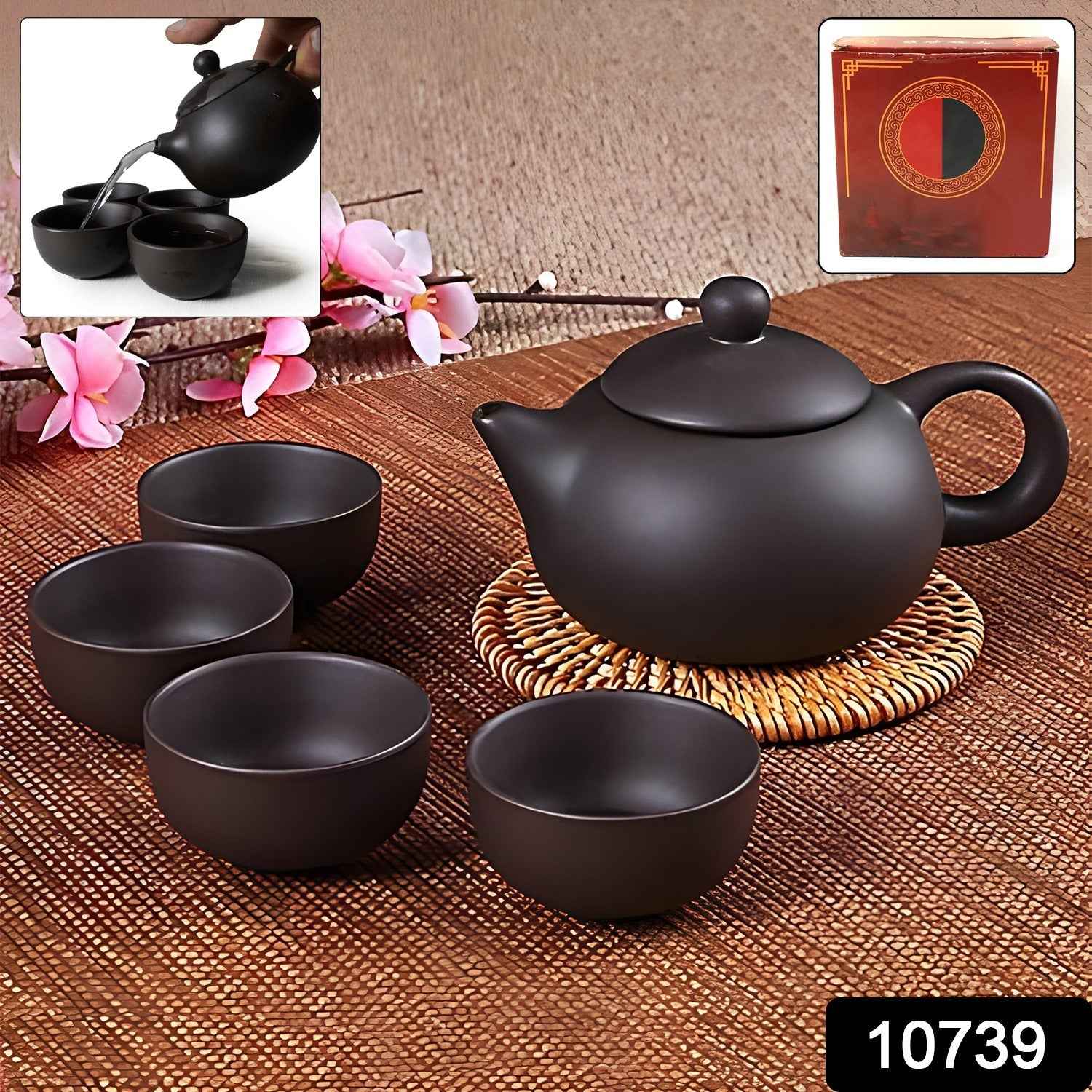 Matte Black Ceramic Tea Set – Elegant Teapot with 4 Cups