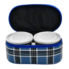 Close-up of the leak-proof plastic lids on stainless steel food containers.
