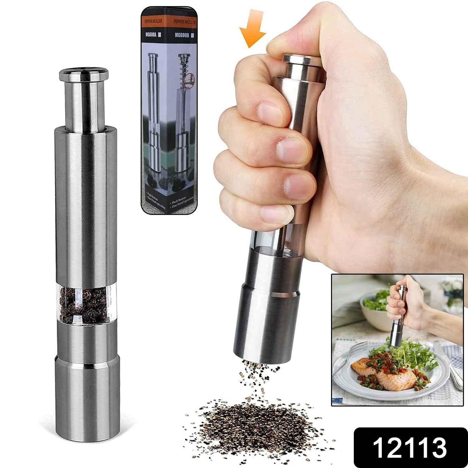 Thumb Press Grinder – Steel Salt & Pepper Mill | ProChef Gadgets