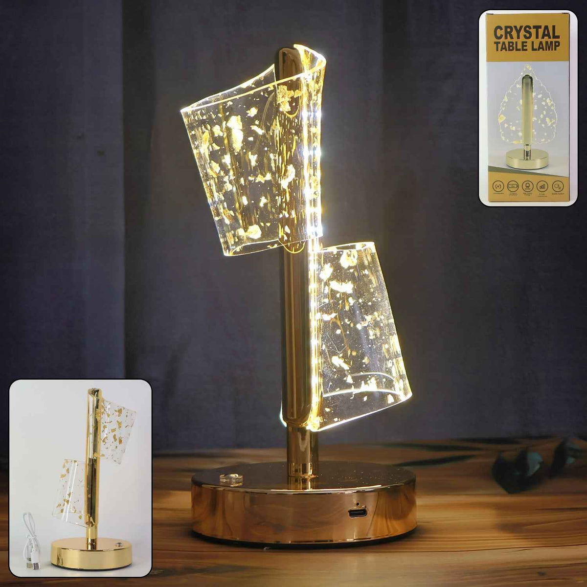 Golden Crystal LED Double Shade Table Lamp – Elegant USB Charging Light