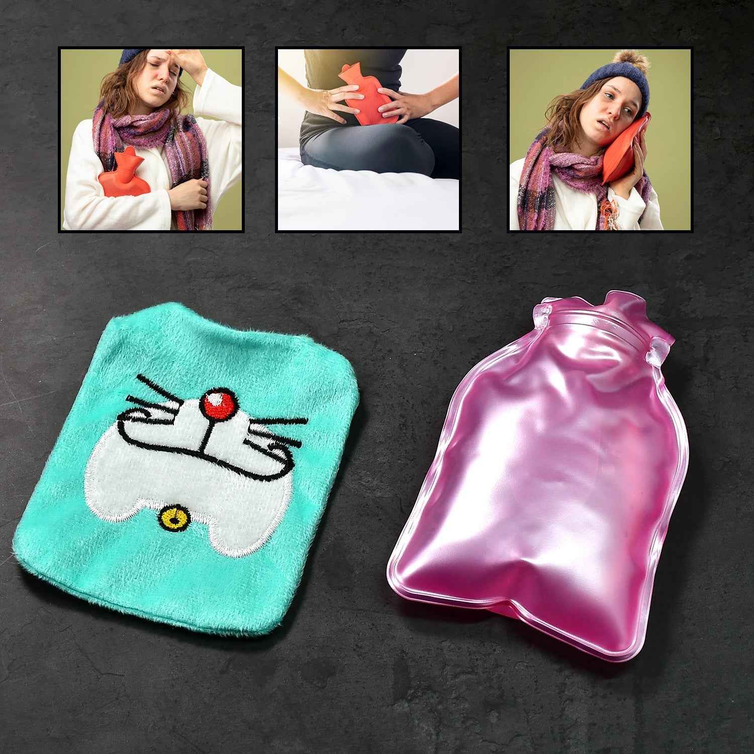 Doremon hot water bag being applied to a shoulder for muscle soreness relief.
