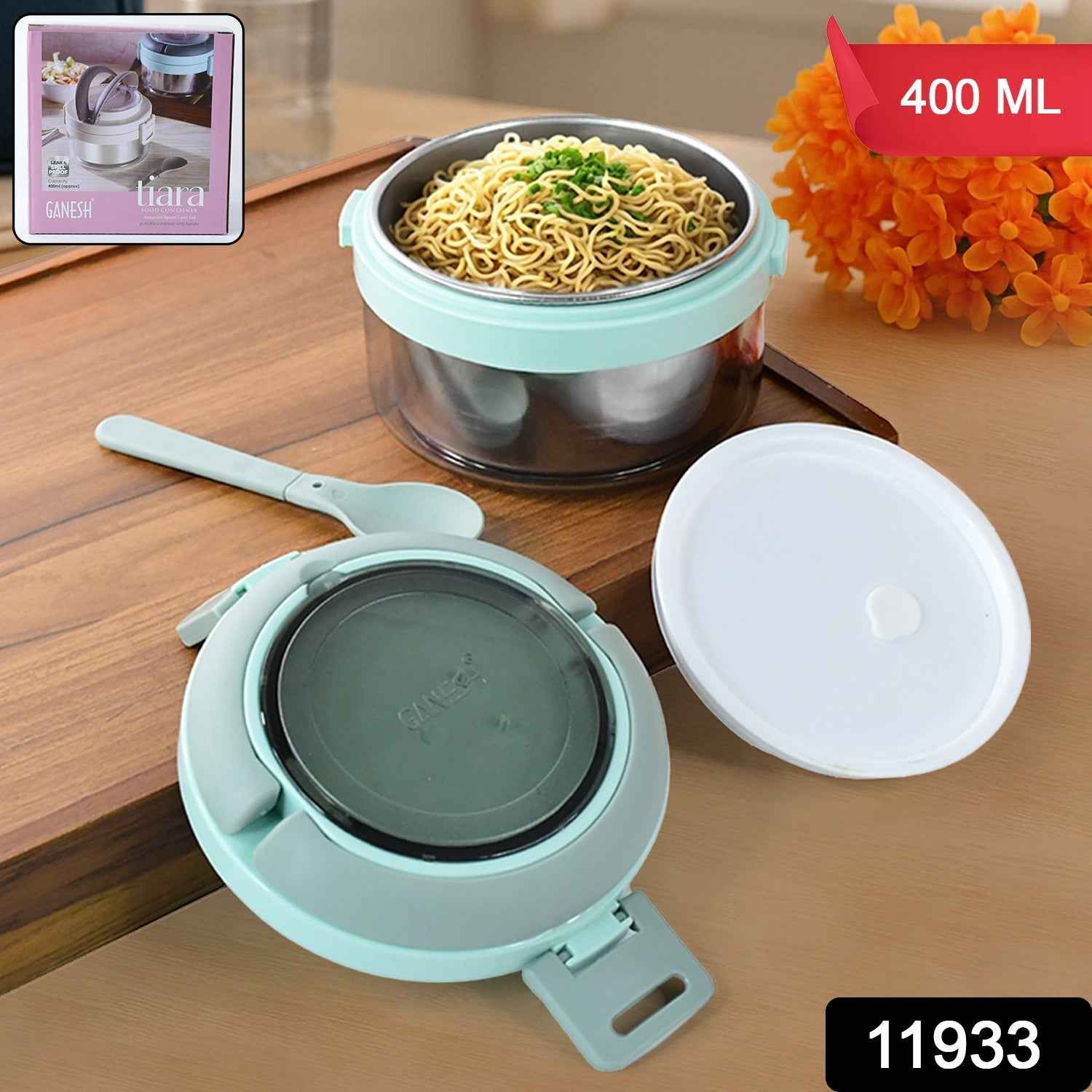 Insulated Lunch Box 400ml – Leakproof Stainless Steel Tiffin with Folding Spoon