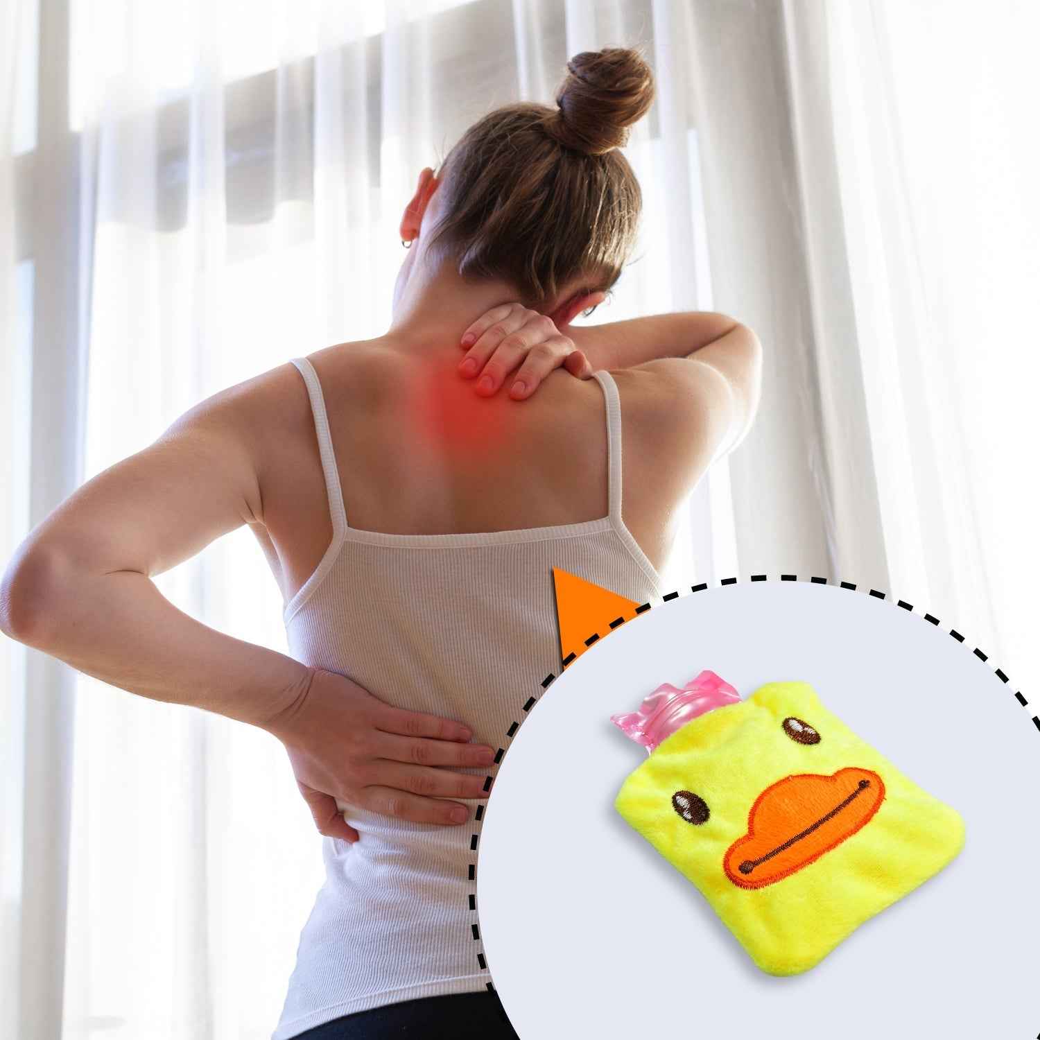 Yellow duck hot water bag keeping hands warm on a cold day.