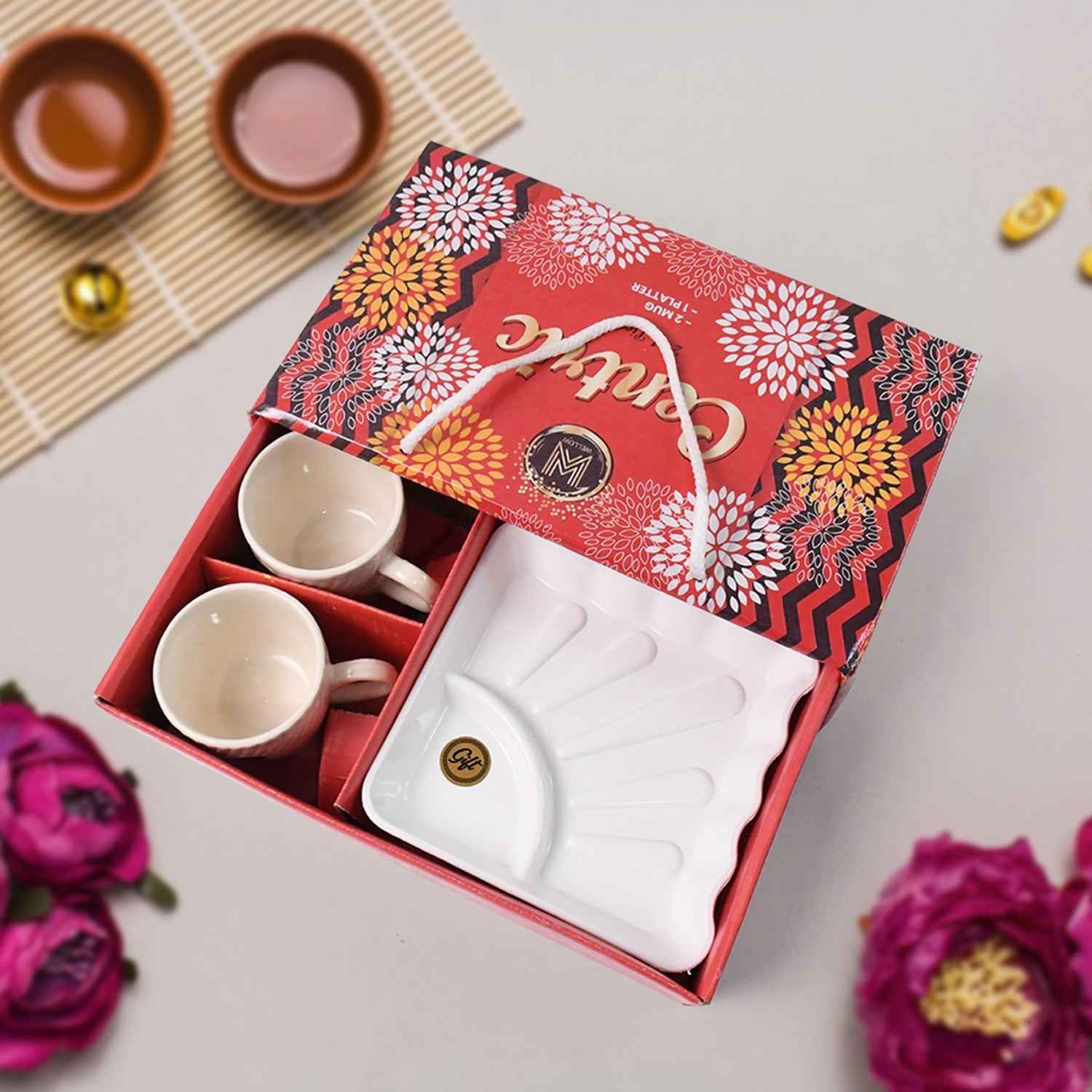 Ceramic Tea Cup Set – Includes Plastic Square Serving Platter