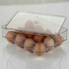 Side view of the Organivo 12-cavity egg storage container in a refrigerator.