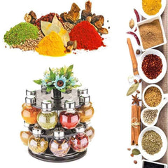 Revolving spice rack set on a kitchen counter, demonstrating its compact design.