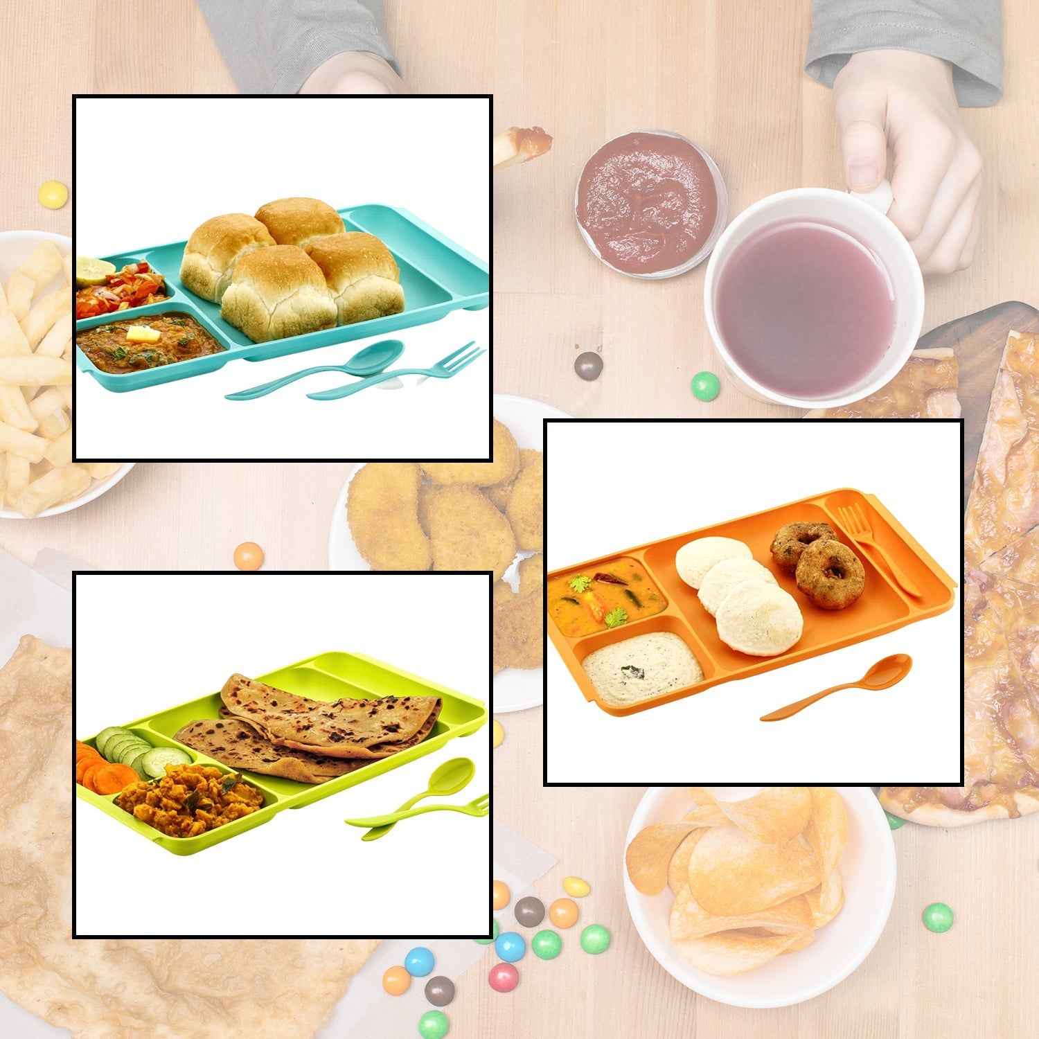 4-Compartment Plate – Plastic Dinner Set with Spoon & Fork |