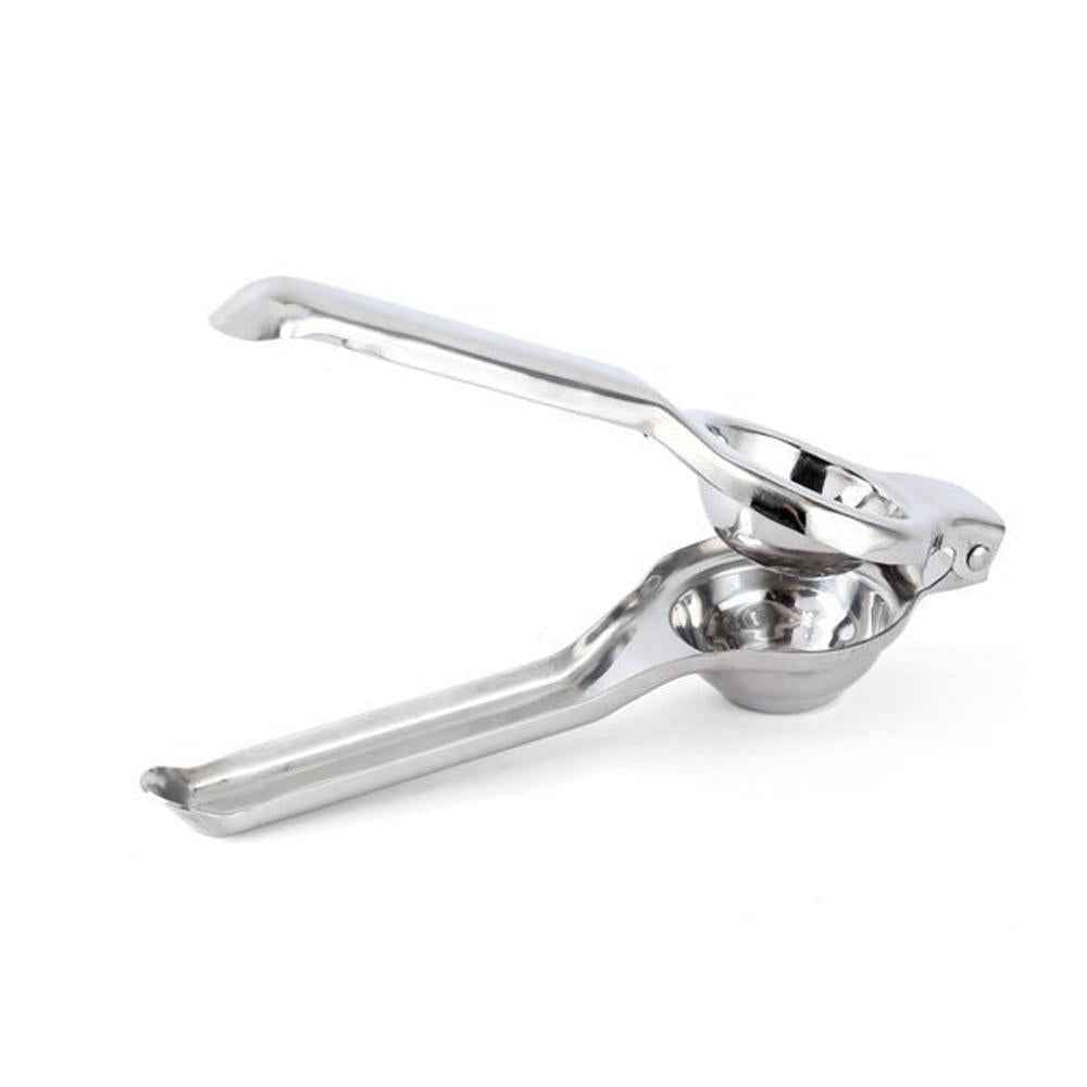 Compact and easy-to-store stainless steel lemon squeezer displayed in a kitchen.