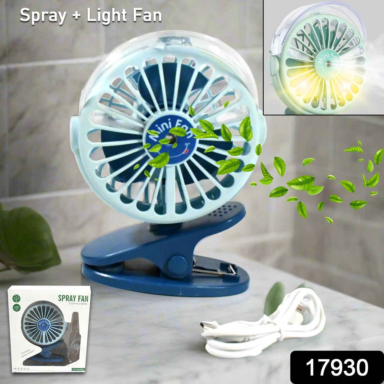 Portable Clip-on Fan – USB, 3-Speed, Light & Spray |