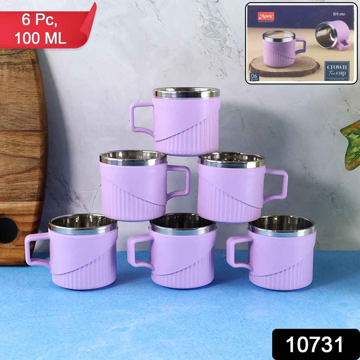 Tea Coffee Cup Set of 6 – Durable Metal Inner, Heat-Safe Sleeve