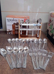 Stainless Steel Cutlery Set – Durable 24-Piece with Wooden Stand